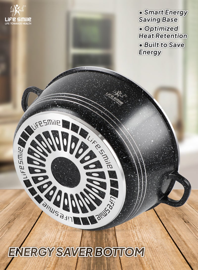 Life Smile طقم أواني الطهي غير اللاصقة من الجرانيت 31 قطعة – أواني طهي غير لاصقة متميزة، أواني الطهي والمقالي | طقم أواني وقائية للحرارة | أطباق خزفية (20/24/28/32/36/40 سم) مع أغطية، أواني ضحلة 28/32 سم، مقلاة مزدوجة 30 سم، قدر صلصة 1.3 لتر، غلاية صفارة 3.0 لتر، مقالي (20/24/28 سم) وملاعق مطبخ سيليكون مع حامل. - Image 2